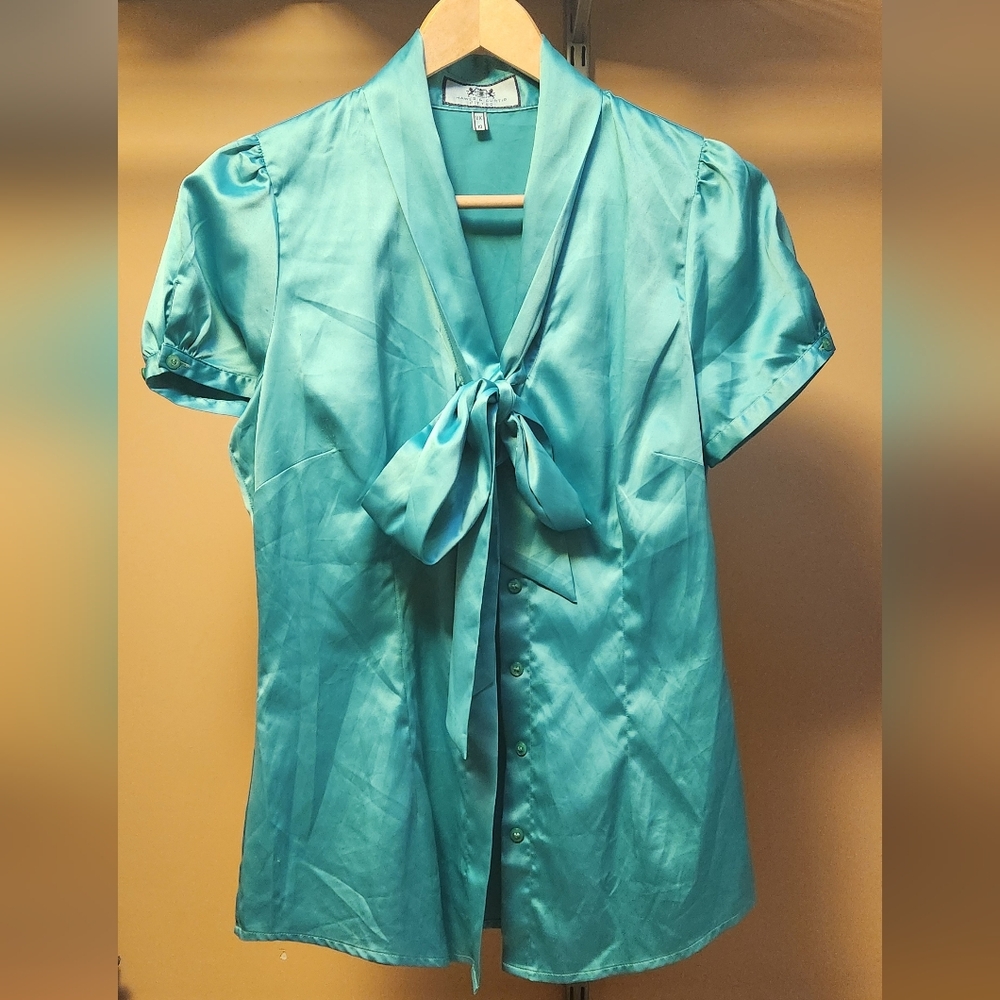 Hawes & Curtis Chic Work Office Teal Satin Blouse with Kitten Bow US Size 10